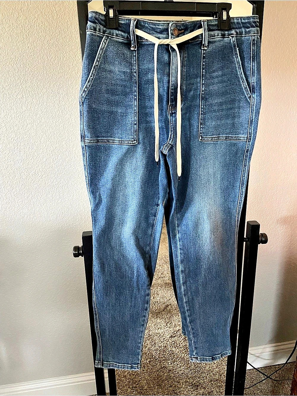 Judy Blue High Waist Drawstring Denim Jogger Jeans with Patch Pockets Jeans Blue